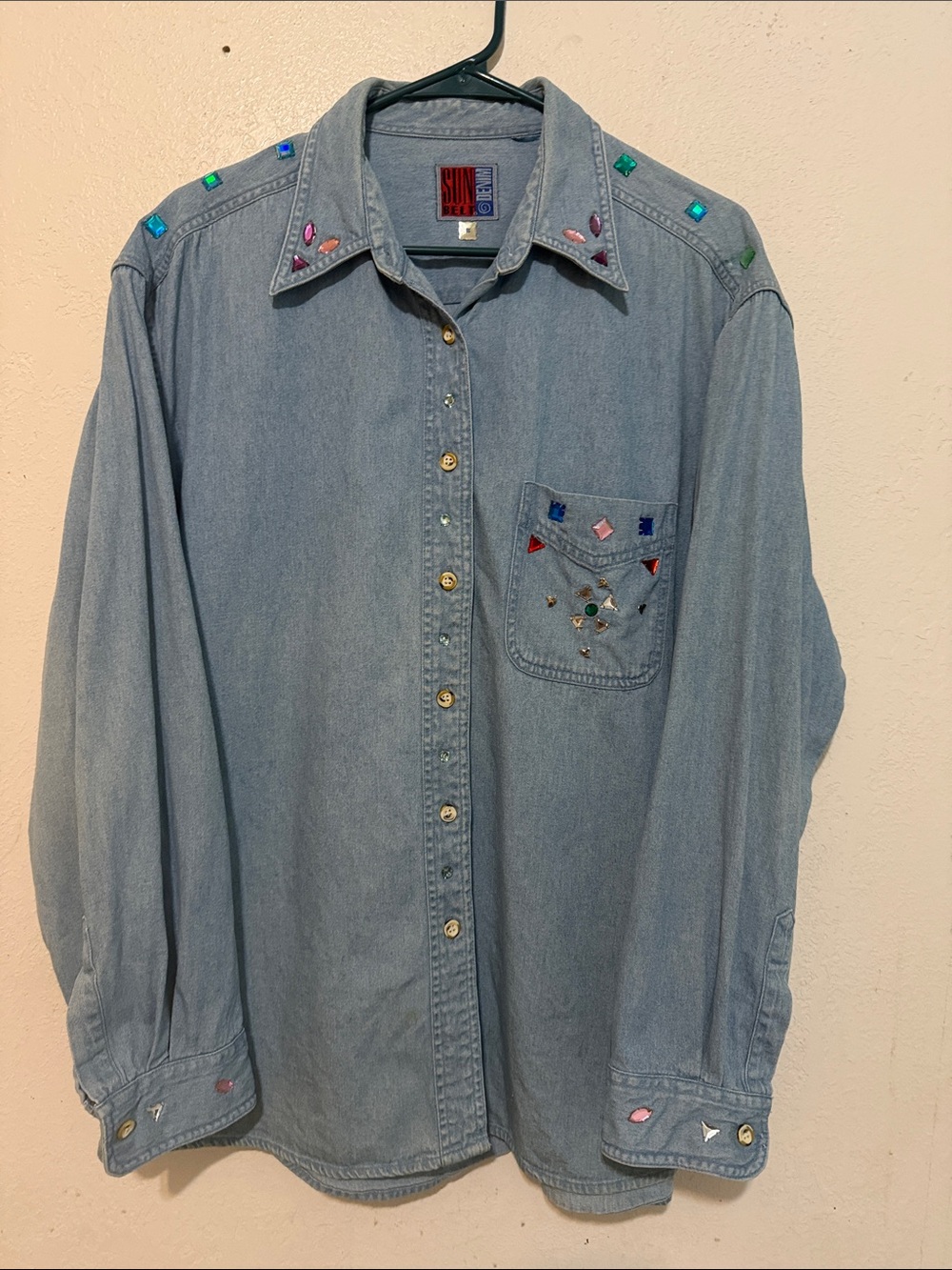 Vintage 90’sSunbelt Light Blue Denim rhinestone embellishLS Sz XL